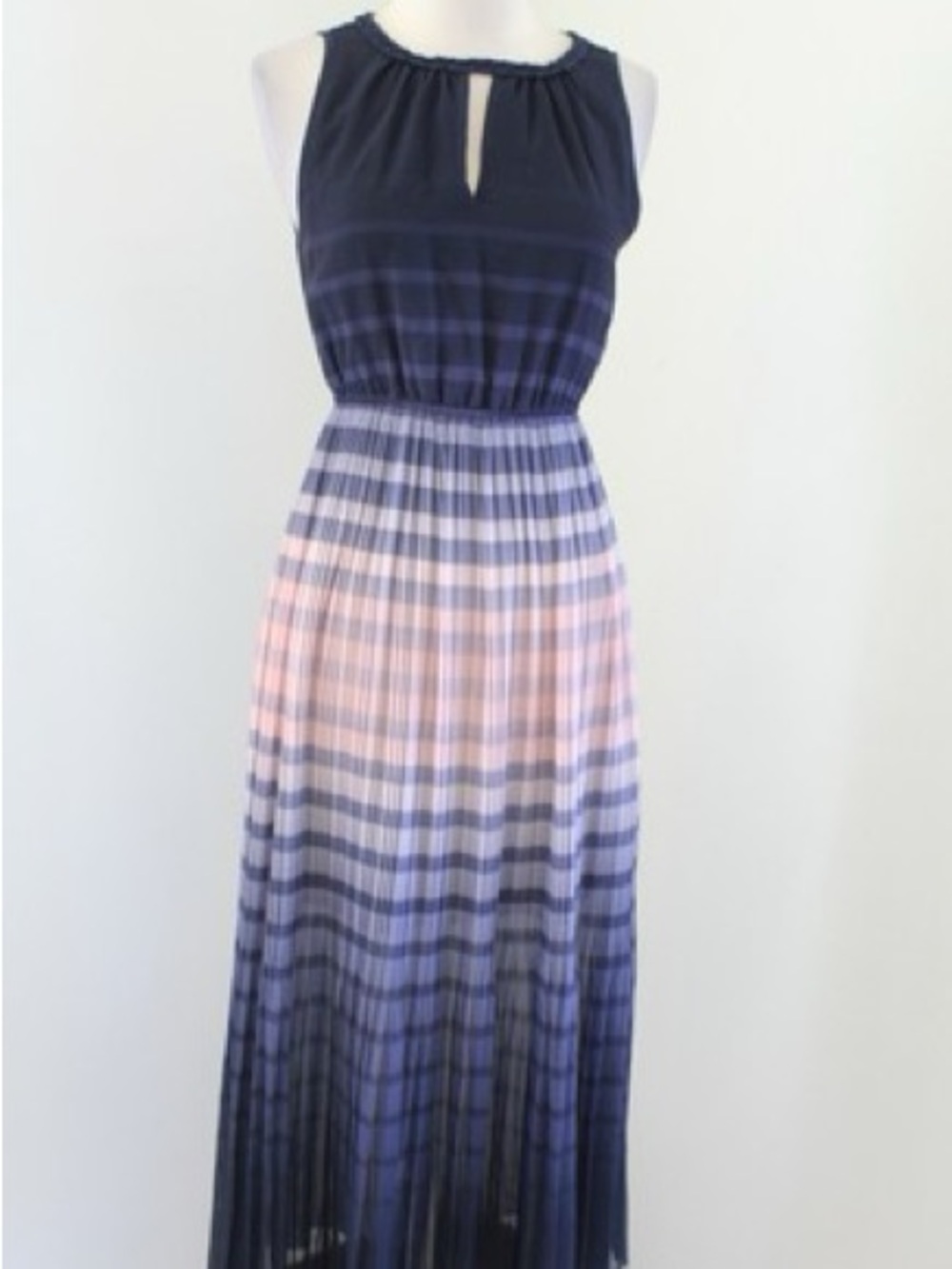 Maison Jules Blue Ombre Striped Pleated Midi Dress Sleeveless Pink Size Large 🔥